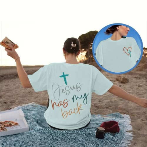 Tuislay Christian Shirts for Women Jesus Has My Back Tshirt God Bible Verse Shirt Faith Cross T Shirts Inspirational Tees Top - color: Sky Blue, size: X-Large