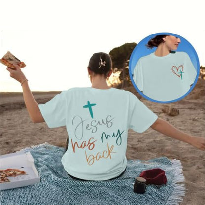 Tuislay Christian Shirts for Women Jesus Has My Back Tshirt God Bible Verse Shirt Faith Cross T Shirts Inspirational Tees Top - color: Sky Blue, size: X-Large