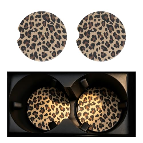 2PCS Car Cup Coasters,2.6 Inch Leopard Print Cup Holder Coasters for Car,Anti Slip Absorbent Cars Coaster for Cups Holders Leopard Print Cars Accessories for Women&Men