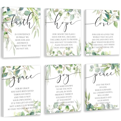 HOURIA 6Pcs Framed Christian Bible Verse Canvas Wall Art,8*10 inch Green Leaf Faith Hope Love Inspirational Bible Quotes Wall Decor,Sage Green Botanical Scripture Quote Posters for Bedroom Living Room - color: Green Botanica Wall Art, size: 8X10inches