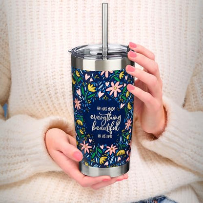 Christian Art Gifts Stainless Steel Double-Wall Vacuum Insulated Tumbler w/Straw & Lid 18 oz Navy Floral Inspirational Bible Verse Travel Mug for Women - Everything Beautiful - Ecc. 3:11 - color: Navy/Everything Beautiful