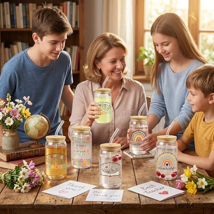 Glass Cups with Lids and Straws, 6Pack, 16oz, Floral Teacher - style: Floral Teacher Appreciation