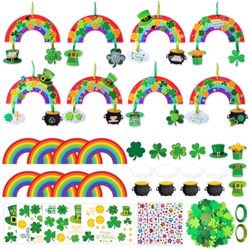 Funrous 48 Sets Crafts Kit Paper Crafts DIY Make Your Own Hanging Ornaments with Pompoms Diamond Stickers for Holiday Classroom Activities Party Favors, St. Patrick's Rainbow - style: St. Patrick's Rainbow