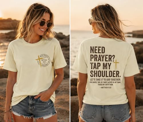Christian Shirts for Men Women Need Prayer Tap My Shoulder Shirt Christian Religious Faith Bible Verse Cross Shirt - color: Creamy Yellow, size: Small