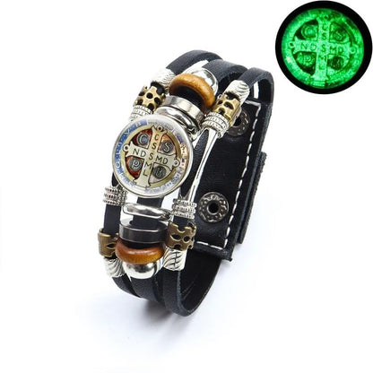 925 Sterling Silver San Benito Bracelet For Men - Luminous St Benedict Bracelets Leather Catholic San Benito Snap Button Bangles Multilayer Wristband, Rosario De San Benito, Pulseras De San Benito - color: 3 - San Benito Bracelet