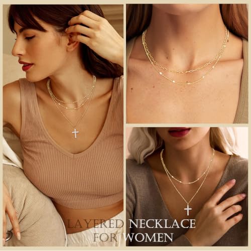 3PCS Gold Silver Layered Necklaces for Women Trendy - color: Gold&Cross