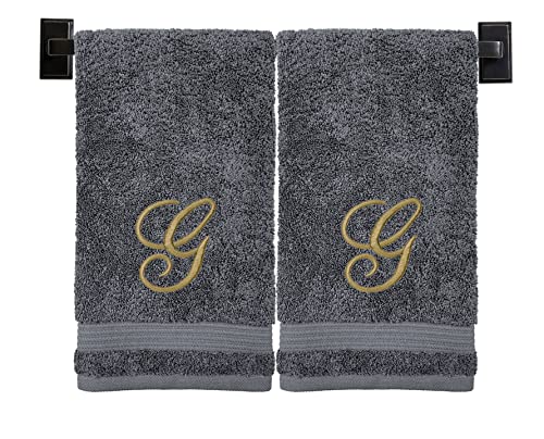Grey Hand Towels for Bathroom - Monogrammed | Luxury Cotton Turkish Towels | Embroidered in USA | Set of 2 | Choose Set Color and Letter | A - Z | Script Font - color: Grey