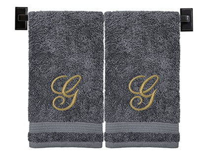 Grey Hand Towels for Bathroom - Monogrammed | Luxury Cotton Turkish Towels | Embroidered in USA | Set of 2 | Choose Set Color and Letter | A - Z | Script Font - color: Grey