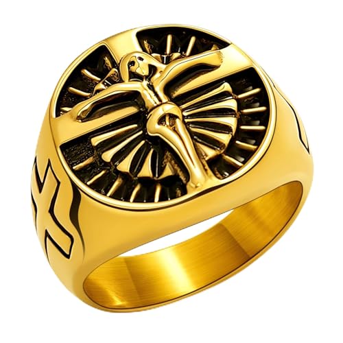 Christian Cross Rings for Men - Stainless Steel Jesus Jewelry with Celtic Knot Sides (Gold/Black/Silver) - Catholic Religious Gift, Size 7-13 - color: L: Gold-Cross