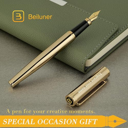 BEILUNER Gold Personalized Fountain Pen,Stunning Luxury Surface,24K Gilded Nib(Fine),Gorgeous 24K Gold Finish, Ink Converter,Fancy Gift for Men&Women-Elegant, Graduation,Office Pens for Writing - color: ,Gold (Personalized), style: Fine Nib