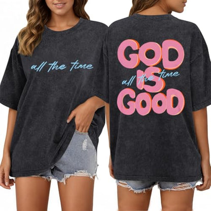 Christian Shirts for Women God is Good All The Time Graphic Shirt Faith Religious Tees Inspirational Bible Verse Top - color: Black, size: Medium