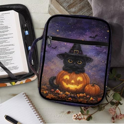 Suobstales Cat Pumpkin Bat Candy Maple Leaves Pattern Bible Cover Carrying Book Case for Women Men Halloween Lightweight Bible Bag Bible Protective with Handle and Zippered Pocket - color: Cat Pumpkin Bat Candy Maple Leaves