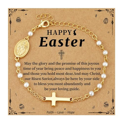 Catholic Bracelets Gifts for Women Girls, Simulated Pearl Rosary Beads Virgin Mary Cross Charm Bracelet Confirmation First Communion Baptism Religious Christian Jewelry Gift - color: Happy Easter Gold