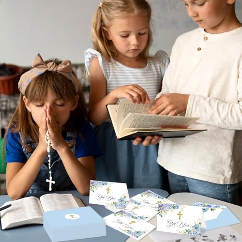 24 Pack Christian Thank You Cards, Watercolor Blue Floral Cross Baptism Thank You Cards with Envelopes & Stickers, VBS Thank You Cards First Communion & Religious Occasions - style: 24 Pcs - Blue Christian