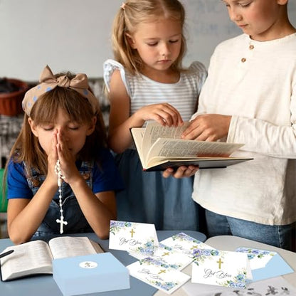 24 Pack Christian Thank You Cards, Watercolor Blue Floral Cross Baptism Thank You Cards with Envelopes & Stickers, VBS Thank You Cards First Communion & Religious Occasions - style: 24 Pcs - Blue Christian