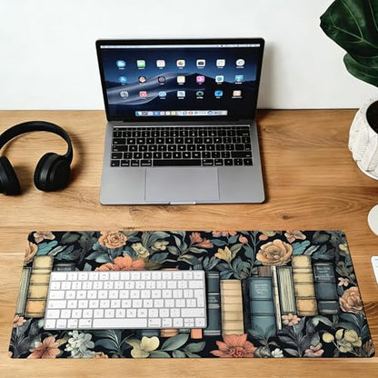 Books and Flowers Mouse Pad,35.4 x 15.7 Inch Large Mouse Mat Non-Slip Rubber Stitched Edges for Writing Desk,Office,Home,Laptop - color: Books and Flowers, size: 35.4L x 15.7W inches