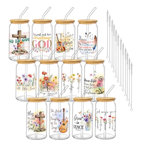 Drinking Cups with Lids, 12Pack, Glass, 16oz, Iced Coffee, Bible - style: 12Pcs Christian
