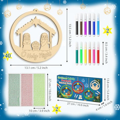 BeYumi Christmas Wooden Ornament Craft - 20Pcs Nativity DIY Wooden Ornaments Craft Kit for Kids Make Your Own Nativity Christian Religious Xmas Craft with Gem Sticker Church Party Decoration Supplies - style: Round