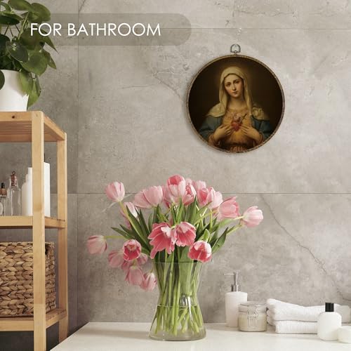 Fewgb Catholic Immaculate Heart of Mary Round Wall Art Decor Framed, Vintage Virgin Mary Religious Canvas Wall Art Prints Picture, Dark Christian Hanging Room Decor Artwork for Church Gallery 10x10 - color: mary-03