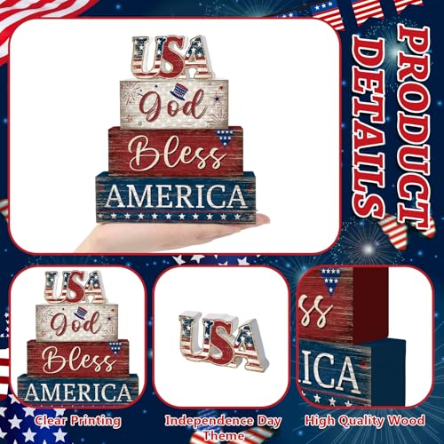 Britimes Tiered Tray Decor Set, 4 Pack, Wooden, Patriotic 4th - style: Independence Day USA