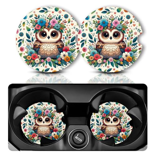 Yonlevres Car Coasters for Cup Holders, Flower Owl, 2.75", 2 Pack - color: Flower Owl