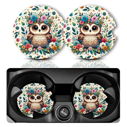 Yonlevres Car Coasters for Cup Holders, Flower Owl, 2.75", 2 Pack - color: Flower Owl
