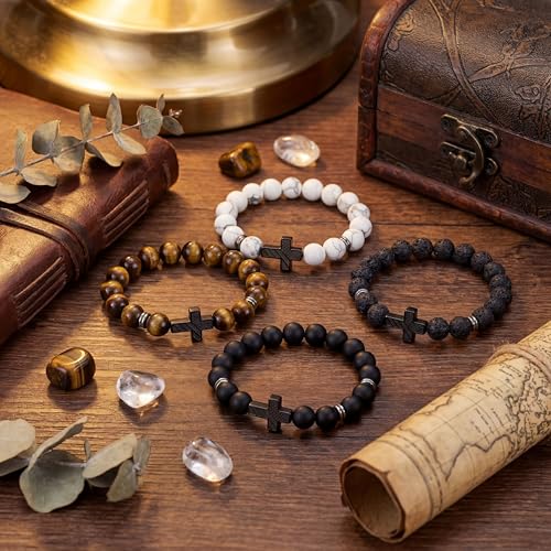 Tondiamo 4pcs Cross Bead Bracelet for Men 8mm Tigers Eye Lava Rock Onyx Black Obsidian American Flag Cross Bracelet Natural Stone Stretch Adjustable Black Wrist Beads for Men Women Gifts