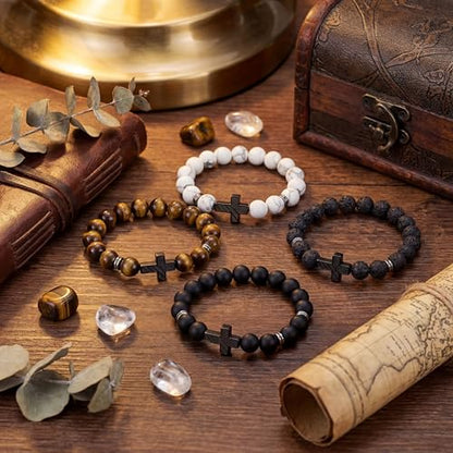 Tondiamo 4pcs Cross Bead Bracelet for Men 8mm Tigers Eye Lava Rock Onyx Black Obsidian American Flag Cross Bracelet Natural Stone Stretch Adjustable Black Wrist Beads for Men Women Gifts