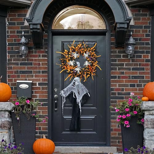 Sggvecsy Halloween Wreath 23inch Artificial Spider Wreath with Handmade Black Orange Leaves Orange Purple Berries Teeth Front Door Decorations for Outdoor Home Halloween Festival Decoration - color: Black