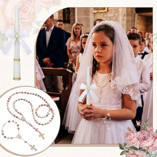 WILLBOND 3 Pcs First Communion Rosary and Candle Present Set, Rose Rosary