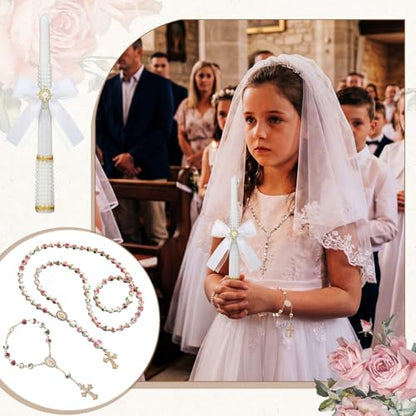 WILLBOND 3 Pcs First Communion Rosary and Candle Present Set, Rose Rosary