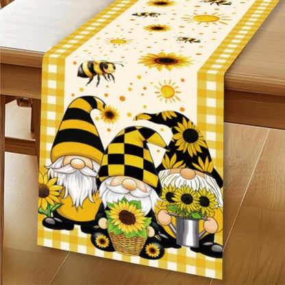 WADORN Sunflower Gnomes Bee Table Runner, 13x72 Inch Gnome Buffalo Plaid Yellow Kitchen Dining Table Decoration Spring Summer Seasonal Farmhouse Holiday Table Runner for Home Party Decor - size: Sunflower Gnomes Bee