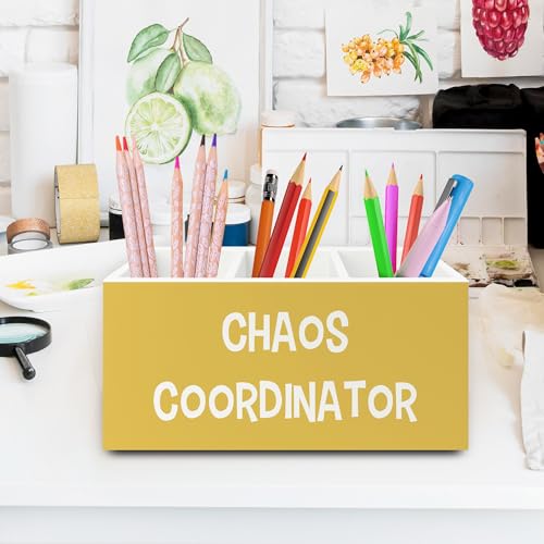Chaos Coordinator Yellow Pen Pencil Holder Organizer for Desk, Thank You Gifts for Women Men Coworkers Boss Leader Manager, Appreciation Gifts Wooden Box Sign for Office Tabletop Decorations - color: colour37