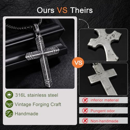 Stainless Steel Cross Necklace for Men with Adjustable Box Chain Christian Cross neckalce Gift - color: Grey-Black