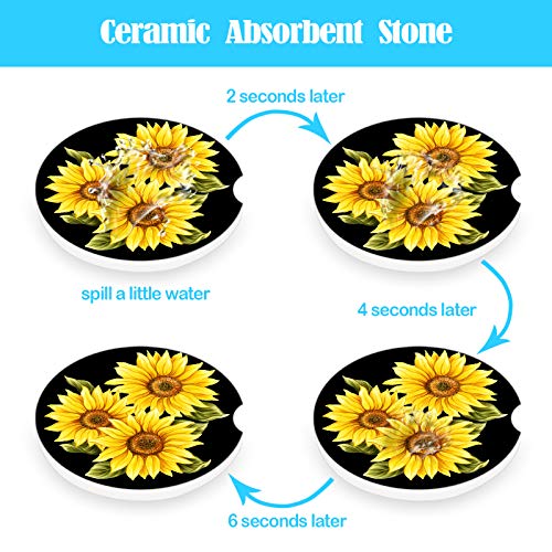Stone Black Car Coasters - 2 Packs Absorbent Ceramic Cup Holder Coasters with Finger Notch and Easy Clean (Painting Sunflower) - color: Painting Sunflower