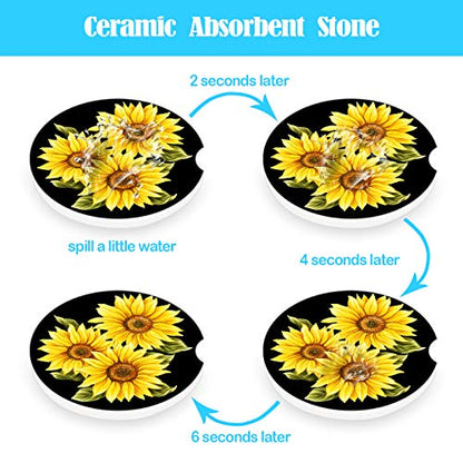 Stone Black Car Coasters - 2 Packs Absorbent Ceramic Cup Holder Coasters with Finger Notch and Easy Clean (Painting Sunflower) - color: Painting Sunflower