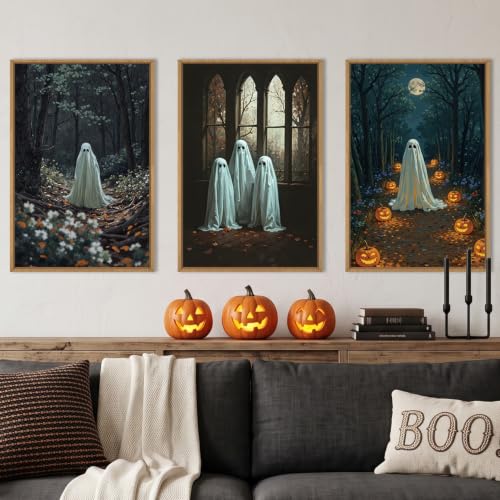 Ausril Vintage Halloween Cute Ghost Framed Wall Art Set, Scary Forest Pumpkin Wall Decor, Horror Moon Night Wall Painting, Gothic Spooky Art Print for Living Room, Bedroom, Party, Basement -24''×36''×3 - color: Vintage Halloween Wall Art, size: 24"L x 36"
