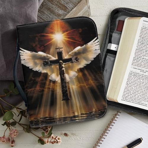 PU Bible Case, Bible Cover for Men,Bible Covers with Leather Bookmark (Set of 1) Bible Carrying Case,Angel Wings and Crosses,Large - color: Angel Wings and Crosses, size: Large