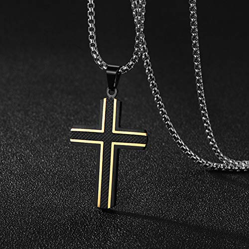 Holizaly Men's Cross Necklace 316L Stainless Steel Pendant White/Gold/Black/Blue Rolo Chain-Gift Box Included - color: Black gold