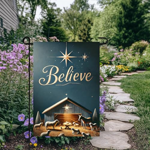 BlissYard Christmas Nativity Scene Garden Flag 12x18 Inch Polyester - color: Starry Night Stable