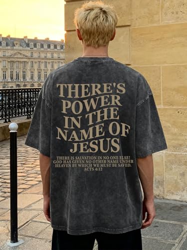 Christian Shirt for Men Jesus Loves You Shirt Oversized Acid Wash Tops - color: Darkgrey-b, size: X-Large