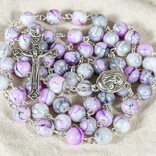 Handmade Rosary Beads for Women, Elegant Catholic Gifts for First Communion, Confirmation & Spiritual Prayer, Unique Beaded Rosary Necklace with Zippered Case - color: Light Purple - Madonna And Child