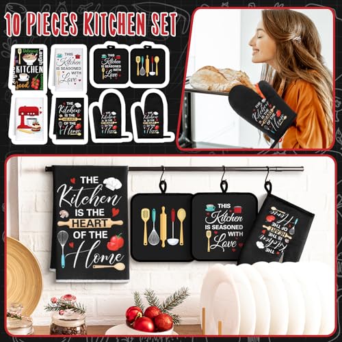 Leinuosen 8 Pcs Cuisine Kitchen Decor Accessories Set Farmhouse Towels Oven Mitts Pot Holders Dishcloths Set Kitchen Decorative Absorbent Gloves Potholders for Chef Baking Cooking - color: Colorful, style: Cuisine