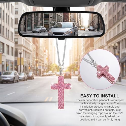 Sibba Bling Cross Car Hanging Ornament,Pink,Diamond Rear View Mirror Charm