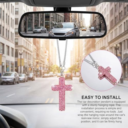 Sibba Bling Cross Car Hanging Ornament,Pink,Diamond Rear View Mirror Charm