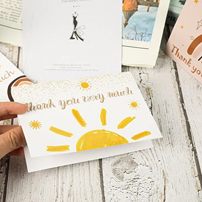 60 Pieces Here Comes the Son Boho Sun Baby Shower Thank You Cards,Includes 30 Pieces Envelopes and 30 Pieces Sunshine Blank Cards with Boho Stickers for Birthday Party Supplies - color: sun