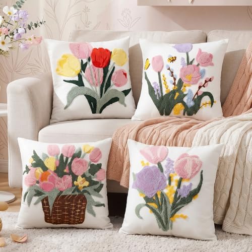 Mixweer 4 Pcs Mother‘s Day Gift Tulip Pillow Covers Set, 18 x 18 Inch Embroidered Spring Pillow Cases, Tulip Flowers Spring Style Square Throw Cushion Cover for Couch Sofa Bed Home Decoration - style: Tulip