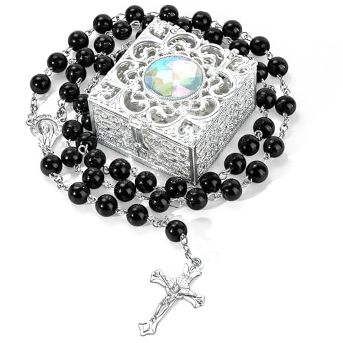 Black Pearl-Style Rosary Necklace with Metal Gift Box, 8mm, 22 Inch - color: Black