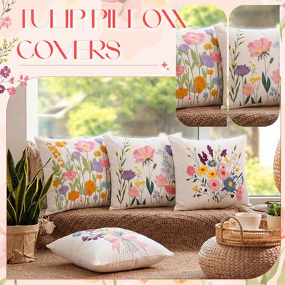 Mixweer 4 Pcs Wildflowers Pillow Covers Set, 18 x 18 Inch Embroidered Pillow Cases, Square Throw Cushion Cover for Couch Sofa Bed Home Decor - style: Wildflowers