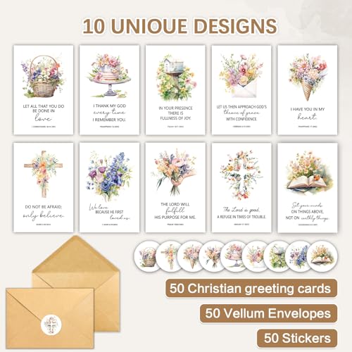 50 Pack Religious Thinking of You Cards with Envelopes & Stickers - color: Green, purple, pink, red